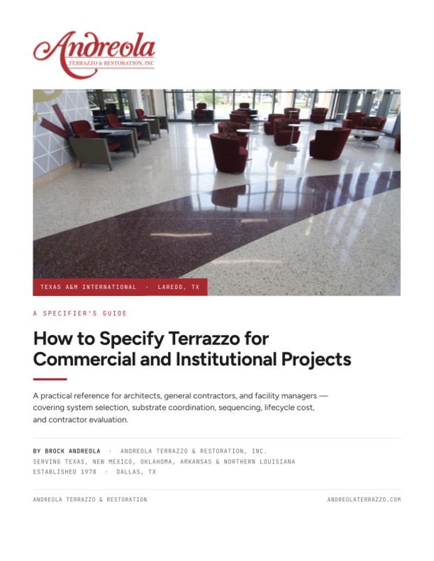 Cover of the Andreola specifier guide: How to Specify Terrazzo for Commercial and Institutional Projects
